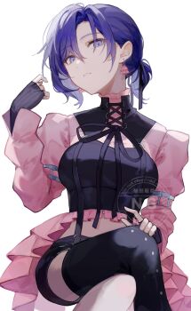 1girl armlet asahina_mafuyu asymmetrical_legwear black_bow black_gloves black_ribbon black_shorts black_thighhighs bow breasts cowboy_shot cropped_shirt cross-laced_clothes crossed_legs earrings fingerless_gloves frilled_shirt frills gloves hair_between_eyes hair_ribbon hand_on_own_knee hand_up high_collar highres jewelry large_breasts long_sleeves looking_at_viewer midriff official_alternate_costume official_alternate_hair_length official_alternate_hairstyle parted_bangs parted_lips pink_shirt ponytail project_sekai puffy_long_sleeves puffy_sleeves purple_eyes purple_hair ribbed_gloves ribbon rose/pompadour_(project_sekai) shirt short_hair short_ponytail shorts sidelocks silver_armlet simple_background single_bare_leg single_thighhigh sitting solo suspender_shorts suspenders thighhighs watermark white_background yukiusagi_(yukiusagi_52)