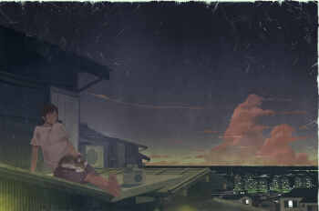 Rule 34 | 1girl, air conditioner, bad id, bad pixiv id, barefoot, black hair, brown eyes, building, cat, chinese clothes, city, city lights, cityscape, dark, dusk, house, night, original, radio, rooftop, scenery, shiira, shooting star, short twintails, shorts, sitting, sky, slice of life, smile, star (sky), starry sky, twintails
