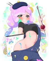 1girl absurdres apple beret black_shirt blonde_hair blue_hair blue_overalls blunt_bangs blush breasts cowboy_shot double_bun flower food from_below fruit green_eyes green_hair hair_bun hair_flower hair_ornament hat highres holding holding_sketchbook long_hair looking_at_viewer medium_breasts midriff monster_girl multicolored_hair no_panties official_alternate_costume official_alternate_hairstyle overalls paint_on_body paint_on_clothes paint_splatter paint_splatter_on_face paint_tube paintbrush pink_hair puniru_(puniru_wa_kawaii_slime) puniru_wa_kawaii_slime purple_hair ransusan shirt short_sleeves sidelocks sketchbook slime_girl smile smiley_face solo sparkle star_ornament v-shaped_eyebrows
