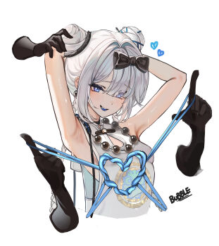 1girl :d absurdres armpits arms_behind_head arms_up artist_name bare_arms black_bow black_gloves blue_eyes blue_rope bow breasts bubble99 cat&#039;s_cradle cropped_torso disembodied_hand double_bun dress furrowed_brow gloves hair_bow hair_bun heart highres long_braid long_hair open_mouth rope small_breasts smile solo sui_yinzi_(xinyue_tongxing) sweat teeth upper_body white_background white_dress white_hair xinyue_tongxing