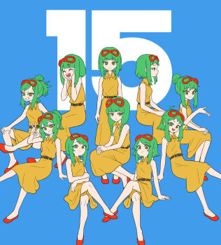 Rule 34 | 6+girls, absurdres, arm up, belt, blue background, braid, clenched teeth, closed eyes, collared dress, commentary request, crossed legs, dress, flats, folded ponytail, full body, goggles, goggles on head, green eyes, green hair, gumi, half-closed eyes, hand on own knee, hands on lap, hands on own cheeks, hands on own face, highres, invisible chair, juu mensou (vocaloid), multiple girls, multiple persona, open mouth, ponytail, short hair with long locks, sitting, sleeveless, sleeveless dress, smile, teeth, twin braids, v, vocaloid, ym yoshiya