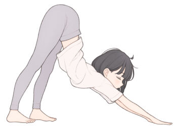 1girl 1ssakawaguchi absurdres ass barefoot black_hair blush from_side grey_pants highres original pants shirt short_hair short_sleeves simple_background solo stretching top-down_bottom-up white_background white_shirt yoga yoga_pants
