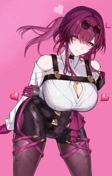 1girl black_shorts breasts brown_pantyhose clothing_cutout collared_shirt dress_shirt eyewear_on_head gloves high-waist_shorts highres honkai:_star_rail honkai_(series) kafka_(honkai:_star_rail) large_breasts long_hair long_sleeves looking_at_viewer pantyhose ponytail purple_eyes purple_gloves purple_hair round_eyewear saint_laurent_paris shirt shorts shoulder_cutout sidelocks smile solo sunglasses thighs white_shirt