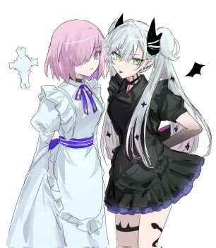 2girls alternate_costume black_dress blush breasts colored_inner_hair crossed_bangs demon_girl demon_horns dress ear_piercing fate/grand_order fate_(series) green_eyes grey_hair hair_between_eyes hair_over_one_eye highres horns lilith_(fate) lilith_(second_ascension)_(fate) long_hair long_sleeves looking_at_viewer mash_kyrielight mash_kyrielight_(paladin) medium_breasts multicolored_hair multiple_girls nekwnek piercing pink_hair pointy_ears purple_eyes purple_hair short_hair short_sleeves thighs twintails very_long_hair white_dress