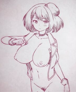 1girl beret blush breasts choker closed_mouth collarbone commentary_request corrupted_twitter_file female_pubic_hair gloves hair_ornament hat highres jacket kantai_collection large_breasts looking_at_viewer maya_(kancolle) monochrome navel nipples open_clothes open_jacket pubic_hair short_hair solo traditional_media tsukareta_san x_hair_ornament