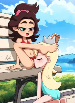 2girls aged_down aleuz91 bare_legs bare_shoulders barefoot bench bikini bikini_bottom_aside blonde_hair blue_eyes blue_one-piece_swimsuit blush brown_hair censored closed_eyes clothing_aside cloud commission crown cunnilingus donkey_kong_(series) donkey_kong_bananza eyelashes female_focus highres kodomo_doushi loli long_hair mario_(series) mosaic_censoring multiple_girls navel nintendo one-piece_swimsuit open_mouth oral outdoors pauline_(mario) pauline_(young)_(mario) pussy red_bikini rosalina sitting swimsuit swimsuit_aside toes tongue tongue_out yuri