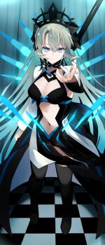 1girl black_bow black_dress black_thighhighs black_tiara blue_eyes bow braid dress fate/grand_order fate_(series) full_body hair_between_eyes hair_bow half_up_braid highres holding holding_polearm holding_weapon long_hair long_sleeves looking_at_viewer ma_ple morgan_le_fay_(fate) morgan_le_fay_(third_ascension)_(fate) polearm ponytail solo spikes standing thighhighs tiara two-tone_dress very_long_hair weapon white_hair