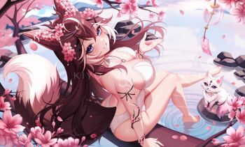 1girl animal_ears backless_swimsuit bare_shoulders blue_eyes breasts brown_hair cherry_blossoms cleavage flower fox fox_ears fox_girl fox_tail from_behind grin hair_flower hair_ornament highres indie_virtual_youtuber kiyochii lace_trim large_breasts long_hair looking_at_viewer looking_back multicolored_hair one-piece_swimsuit shylyanna sitting smile solo strapless strapless_one-piece_swimsuit streaked_hair swimsuit tail thighs very_long_hair virtual_youtuber water watermark white_one-piece_swimsuit