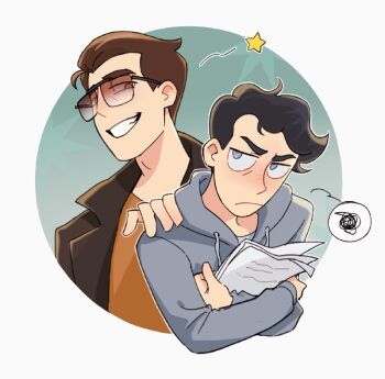 2boys anthony_stellar black_hair brown_eyes brown_hair closed_mouth crossed_arms elijah_douchnov grey_eyes grey_hoodie grey_jacket grin hand_on_another's_shoulder holding holding_paper hood hood_down hoodie jacket male_focus multiple_boys my_student_spirit orange_shirt paper shirt short_hair smile spoken_squiggle squiggle star_(symbol) sunglasses teeth upper_body yy20251111