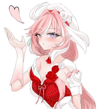 1girl 5tone14on absurdres beret blowing_kiss breasts cleavage commentary_request diamond-shaped_pupils diamond_(shape) dress elf elysia_(hi_love_elf)_(honkai_impact) elysia_(honkai_impact) hat highres honkai_(series) honkai_impact_3rd large_breasts long_hair looking_at_viewer multicolored_hair pink_hair pointy_ears purple_eyes red_dress simple_background solo symbol-shaped_pupils two-tone_hair upper_body very_long_hair white_background white_hair