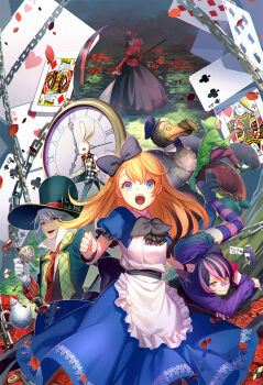 Rule 34 | 2girls, 4boys, alice's adventures in wonderland, alice (alice in wonderland), apron, black bow, black hair, blonde hair, blue dress, bow, card, chain, cheshire cat (alice in wonderland), dodo (bird), dress, enomaru saku, flower, green hat, green hoodie, grey hair, hair between eyes, hair bow, hat, holding, holding scythe, hood, hoodie, humanization, juliet sleeves, long sleeves, looking at viewer, mad hatter (alice in wonderland), multicolored hair, multiple boys, multiple girls, open mouth, pink hair, playing card, puffy short sleeves, puffy sleeves, red flower, red rose, rose, scythe, short sleeves, standing, teeth, tongue, top hat, two-tone hair, upper teeth only, white apron, white rabbit (alice in wonderland)