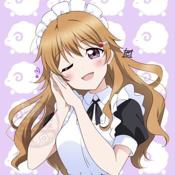 1girl apron birthday blush breasts commentary hair_ornament hairpin heart highres konoe_kanata long_hair love_live! love_live!_nijigasaki_high_school_idol_club maid maid_apron maid_headdress medium_breasts one_eye_closed orange_hair purple_background purple_eyes signature solo upper_body watermark wavy_hair zero-theme