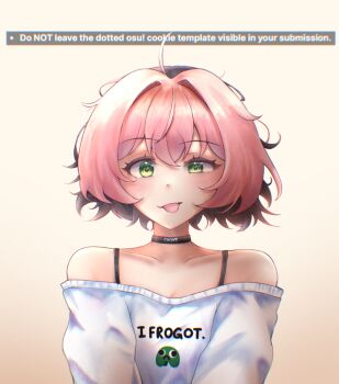 1girl ahoge bare_shoulders black_choker choker clothes_writing collarbone english_text green_eyes h3p0 half-closed_eye highres looking_at_viewer off-shoulder_shirt off_shoulder osu! pink_hair pippi_(osu!) shirt short_hair simple_background solo tongue tongue_out