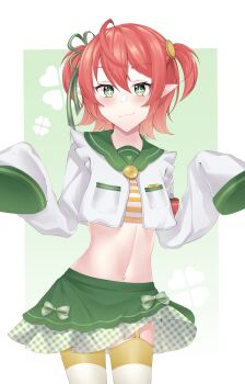 1girl absurdres belly blush blush_stickers clover coin commission cross-shaped_pupils devaniart fuyo_cloverfield green_eyes hair_ornament hair_ribbon highres chromashift jewelry knee_up knees_up long_sleeves looking_at_viewer navel necklace nose pendant pointy_ears ribbon shirt short_hair simple_background skirt sleeves_past_wrists smile smug striped_clothes symbol-shaped_pupils thighhighs thighs virtual_youtuber white_background