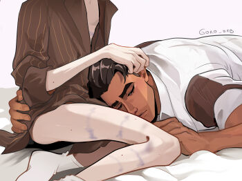 2boys absurdres arcane:_league_of_legends arcane_jayce arm_around_waist bottomless brown_hair brown_shirt commentary dark-skinned_male dark_skin goro_orb hand_on_another's_head head_out_of_frame highres jayce_(league_of_legends) lap_pillow lapels league_of_legends male_focus multiple_boys pinstripe_pattern pinstripe_shirt shirt short_hair simple_background sitting sleeve_cuffs socks thick_eyebrows twitter_username vest viktor_(arcane) viktor_(league_of_legends) white_background white_socks white_vest yaoi