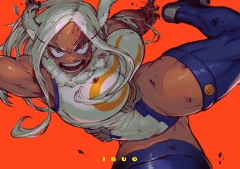 1girl absurdres amputee animal_ears artist_name bare_shoulders blood blood_on_clothes blood_on_face boku_no_hero_academia breasts bruise crescent_print dark-skinned_female dark_skin highleg highleg_leotard highres ibuo_(ibukht1015) injury large_breasts leotard long_eyelashes long_hair looking_at_viewer midair mirko muscular muscular_female open_mouth parted_bangs purple_thighhighs rabbit_ears rabbit_girl red_background red_eyes scratches severed_arm severed_limb sleeveless_turtleneck_leotard solo taut_leotard teeth thick_thighs thighhighs thighs tourniquet twisted_torso v-shaped_eyebrows white_hair white_leotard