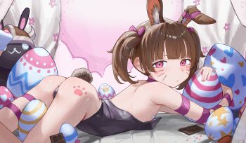 1girl absurdres animal_ears arm_ribbon ass bandaid bandaids_on_nipples bare_shoulders black_leotard blunt_bangs blush bow brown_hair brown_tail candy chocolate chocolate_bar choker closed_mouth commentary ear_blush ear_ribbon easter easter_egg egg facepaint fallenshadow flat_chest food from_side hair_bow highres holding indie_virtual_youtuber leg_ribbon leotard light_blush loli lying mirumiruchan on_bed on_stomach oversized_object pasties pink_eyes playboy_bunny pout purple_bow purple_ribbon rabbit_ears rabbit_girl rabbit_tail ribbon ribbon_choker skindentation slap_mark solo strapless strapless_leotard stuffed_animal stuffed_rabbit stuffed_toy symbol-only_commentary tail twintails virtual_youtuber