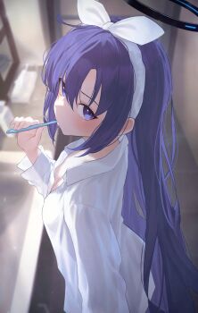 1girl absurdres bathroom black_halo blue_archive blue_eyes breasts brushing_teeth hairband halo highres holding holding_toothbrush kuchisode long_hair looking_at_viewer mechanical_halo mirror purple_hair shirt solo toothbrush white_hairband white_shirt yuuka_(blue_archive) yuuka_(pajamas)_(blue_archive)