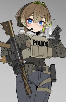 Rule 34 | 1girl, absurdres, black gloves, black shirt, blue eyes, blush, brown hair, cellphone, closed mouth, commentary request, covered navel, ear protection, gloves, green hair, grey background, grey pants, gun, hair between eyes, headset, highres, holding, holding gun, holding phone, holding weapon, iwasawayuki, long sleeves, multicolored hair, notice lines, original, pants, phone, shirt, simple background, solo, two-tone hair, weapon, weapon request