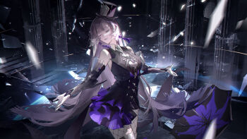 1girl absurdres breasts broken_glass closed_eyes dice dice_earrings earrings fishnet_pantyhose fishnets glass hat highres jewelry lilith:_daemonissa_(pgr) lilith_(pgr) long_hair mechanical_arms medium_breasts nanchi_fantuan official_art pantyhose punishing:_gray_raven sleeveless smile top_hat very_long_hair