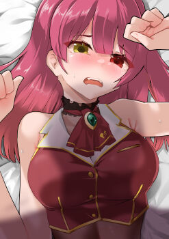 1girl absurdres ascot black_choker breasts choker commentary_request cropped_jacket frilled_choker frills harry_(namayake) heterochromia highres hololive houshou_marine houshou_marine_(1st_costume) jacket large_breasts leotard leotard_under_clothes long_hair looking_at_viewer lying on_back open_mouth red_ascot red_eyes red_jacket shadow sleeveless sleeveless_jacket solo virtual_youtuber yellow_eyes