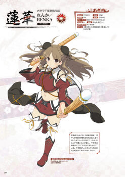 Rule 34 | 1girl, ahoge, artbook, boots, breasts, brown hair, bun cover, character name, character profile, crop top, detached sleeves, double bun, drumsticks, dual wielding, earrings, emblem, full body, grey eyes, grin, hair bun, highres, holding, huge breasts, jewelry, long hair, long sleeves, looking at viewer, midriff, miniskirt, navel, non-web source, official art, page number, renka (senran kagura), ribbon, senran kagura, senran kagura new wave, skirt, smile, solo, standing, standing on one leg, taiko sticks, thighhighs, translated, weapon, white thighhighs