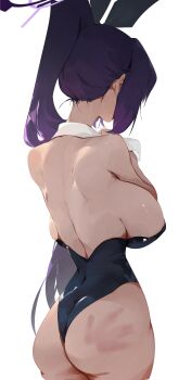 1girl absurdres animal_ears back bad_id bad_twitter_id black_leotard blue_archive breasts dark-skinned_female dark_skin detached_collar dokshuri earrings facing_away fake_animal_ears from_behind halo handprint highres jewelry karin_(blue_archive) karin_(bunny)_(blue_archive) large_breasts leotard long_hair nape official_alternate_costume sideboob slap_mark solo very_long_hair wrist_cuffs