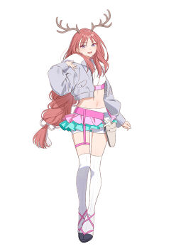 1girl antlers ayatsumugi_roka braid brown_hair cho_kaguya-hime! deer_antlers full_body grey_jacket hand_up highres hood hood_down hooded_jacket horns jacket long_hair long_sleeves looking_at_viewer microskirt navel official_art open_clothes open_jacket open_mouth purple_eyes second-party_source shirt shorts simple_background skirt smile solo standing tachi-e thighhighs white_background white_shirt white_shorts white_thighhighs