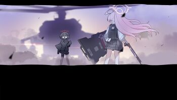 2girls ahoge aircraft ammunition ayane_(blue_archive) ballistic_shield beretta_1301 black_gloves blue_archive bulletproof_vest confrontation glasses gloves glowing_glasses gun halo helicopter highres holding hoshino_(armed)_(blue_archive) hoshino_(blue_archive) huge_ahoge jacket lenslans long_hair multiple_girls necktie pink_hair pink_halo pointy_ears ponytail red_halo school_uniform shield shirt short_hair shotgun shotgun_shell skirt smoke_grenade solo tactical_school_uniform weapon white_shirt