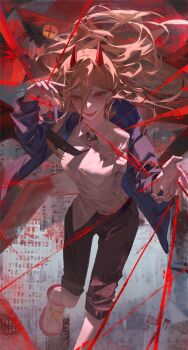1girl absurdres black_necktie blonde_hair chainsaw_man collared_shirt commentary_request cross-shaped_pupils demon_girl demon_horns hair_between_eyes highres horns jacket long_hair long_hair_between_eyes looking_at_viewer necktie open_mouth power_(chainsaw_man) red_horns ringed_eyes sharp_teeth shirt smile solo symbol-shaped_pupils teeth tokkieee_qian white_shirt yellow_eyes