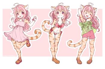 1girl absurdres ahoge animal_ear_fluff animal_ears animal_feet animal_hands animal_nose armpits arms_behind_back arms_behind_head arms_up barefoot bikini blush body_fur breasts camisole cat_ears cat_girl cat_tail cinnamofluff closed_eyes commentary dress english_commentary feet full_body furry furry_female green_camisole highres leaning_forward leg_up long_hair looking_at_viewer multiple_views navel open_mouth original pink_background pink_bikini pink_dress pink_eyes pink_hair pink_shorts sandals shorts simple_background smile standing standing_on_one_leg sundress swimsuit tail thighs toes