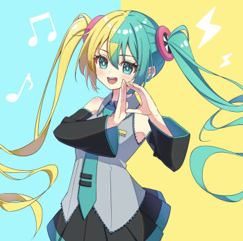 1girl aqua_eyes aqua_hair aqua_trim arm_tattoo bare_shoulders black_skirt black_sleeves blonde_hair blue_hair blush breasts canari_(pokemon) collared_shirt commentary_request detached_sleeves grey_shirt hair_between_eyes hair_ornament hatsune_miku highres long_hair long_sleeves looking_at_viewer medium_breasts miniskirt multicolored_hair musical_note nintendo open_mouth pleated_skirt pokemon pokemon_legends:_z-a relight shirt skirt sleeveless sleeveless_shirt smile solo split-color_hair stomach tattoo thick_thighs thighs tie_clip twintails very_long_hair vocaloid wide_sleeves