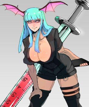 alternate_costume black_bodysuit black_thighhighs bodysuit breasts cleavage commentary cowboy_shot darkstalkers demon_girl demon_wings green_hair grey_background head_wings highres large_breasts morrigan_aensland nurse oversized_object purple_wings raph_mavrost simple_background standing syringe thighhighs wings yellow_eyes