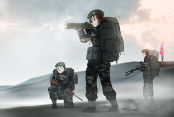 1girl 2boys aiming ammunition_pouch backpack bag battle_rifle beret boots bren_lmg british_army union_jack brown_eyes brown_hair camouflage falklands_war flag fn_fal gun hat hill holding holding_gun holding_weapon light_machine_gun long_hair m72_law machine_gun military military_uniform mrxinom multiple_boys original pouch red_eyes red_hair rifle short_hair united_kingdom weapon