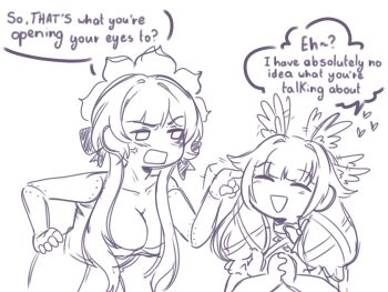 2girls breasts cleavage closed_eyes columbina_(genshin_impact) dress english_text genshin_impact hair_ornament headdress heart highres humanoid_robot kaidapai large_breasts long_hair mechanical_arms monochrome multiple_girls open_mouth poking robot sandrone_(genshin_impact) sidelocks smile speech_bubble yuri