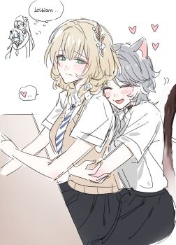 4girls 9_(hcl9fg) aglaea_(honkai:_star_rail) animal_ears blush cat_ears cat_girl cat_tail cerydra_(honkai:_star_rail) cipher_(honkai:_star_rail) closed_mouth collared_shirt desk english_text fang grey_hair highres honkai:_star_rail honkai_(series) hug hug_from_behind hysilens_(honkai:_star_rail) multiple_girls necktie open_mouth school_desk school_uniform shirt short_sleeves simple_background skirt smile speech_bubble tail thought_bubble white_background white_shirt