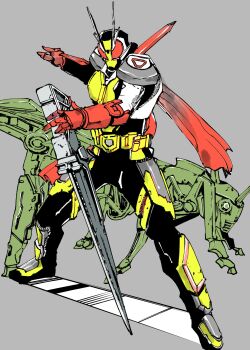 1boy armor bug commentary_request gloves grasshopper green_armor highres horns ichitaka_(1015ichitaka) insect kamen_rider kamen_rider_01_(series) kamen_rider_zero-two looking_at_viewer mechanical open_hand planted planted_sword planted_weapon red_eyes red_gloves robot scarf solo stylistic sword tokusatsu weapon zero_two_driver