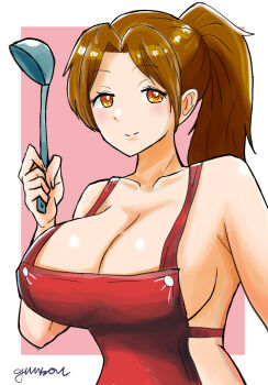 1girl apron breasts fatal_fury ladle large_breasts long_hair naked_apron shiranui_mai