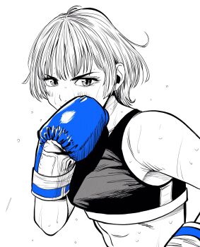 1girl abs armpit_peek blue_gloves boxing boxing_gloves breasts commentary_request fighting_stance gloves greyscale hatching_(texture) highres lee_(dragon_garou) light_blush medium_breasts midriff monochrome original short_hair solo sports_bra spot_color sweat