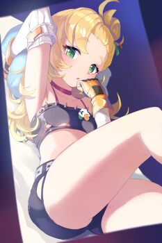 1girl ahoge arm_up armpits bare_shoulders black_shorts black_tank_top blonde_hair blue_pillow blush breasts choker collarbone commentary_request crop_top detached_sleeves feet_out_of_frame flat_chest gloves green_eyes hair_ornament hand_to_own_mouth highres legs long_hair looking_at_viewer lying midriff mochihuman on_back open_mouth piper_wheel red_choker shirt shorts small_breasts solo spiked_shirt tank_top thighs torn_clothes torn_shirt white_sleeves yellow_gloves zenless_zone_zero