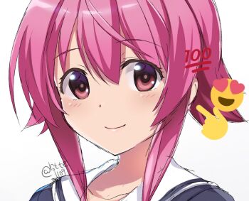 1girl blush bow chaos;child chest_bow cropped_jacket dress_vest emoji hair_between_eyes long_sleeves looking_at_viewer non-web_source onoe_serika pink_eyes pink_hair red_bow rotte_(1109) sailor_collar school_uniform science_adventure shiny_eyes shiny_skin short_hair_with_long_locks smile solo white_background white_sailor_collar