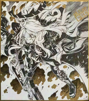 Rule 34 | 1girl, blood, blood on face, blue archive, boots, commentary request, fbc, floating hair, gloves, gun, halo, hina (blue archive), holding, holding gun, holding weapon, horns, jacket, jacket on shoulders, long hair, long sleeves, machine gun, mg42, monochrome, parted bangs, photo (medium), solo, standing, thighhighs, thighhighs under boots, traditional media, very long hair, weapon