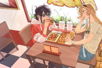 2girls black_hair black_headband blonde_hair blue_eyes burger chair cup denim disposable_cup drinking_straw eating food french_fries glasses headband highres holding holding_burger holding_food hood hood_down hooded_jacket hot_dog jacket jeans jiguang_haibao koishikawa_iko long_sleeves messy_hair momijiyama_teru multiple_girls on_chair pants pretzel red_jacket restaurant scar scar_across_eyebrow scar_on_face semi-rimless_eyewear shirt short_hair shy_(series) sitting table watch white_shirt wooden_chair wooden_table wristwatch yellow_eyes
