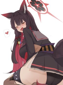 1girl absurdres animal_ear_fluff animal_ears ass black_hair black_kimono black_panties black_sailor_collar black_skirt blue_archive blush fang fox_ears fox_girl fox_tail from_behind from_below gurenola hair_between_eyes hair_ribbon half-closed_eyes heart highres huge_ass japanese_clothes kimono long_hair looking_at_viewer looking_back naughty_face obi open_mouth panties purple_sash red_ribbon ribbon sailor_collar sash bad_tag sidelocks skirt spoken_heart tail thick_thighs thighhighs thighs torn_clothes torn_thighhighs underwear wakamo_(blue_archive) yellow_eyes