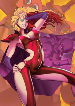 Rule 34 | 1girl, absurdres, armpits, bodysuit, breasts, bridal gauntlets, cape, chara soon, clothing cutout, commentary, covered navel, english commentary, facial mark, geymalk, green eyes, grin, gundam, gundam ace, gundam zz, hand in own hair, hand on own hip, highres, leg up, lips, looking at viewer, mecha, mecha pilot suit, mobile suit, moruga, multicolored hair, neo zeon, one-eyed, r-jarja, revealing clothes, robot, science fiction, smile, teeth, two-tone hair