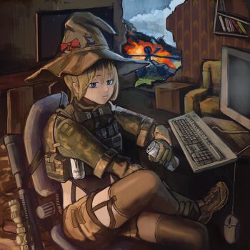 1girl absurdres aircraft ammunition blonde_hair blue_eyes bow broken_wall brown_hat brown_shoes camouflage camouflage_jacket can chair closed_mouth computer_keyboard computer_mouse cropped_jacket crossed_legs drink_can energy_drink explosion garter_straps gloves gun half-closed_eyes hat hat_bow helicopter highres holding holding_can jacket leotard leotard_under_clothes monitor monster_energy office_chair original rifle rifle_cartridge rlsvd shelf shoes short_shorts shorts sitting sniper_rifle solo swivel_chair thighhighs weapon witch_hat