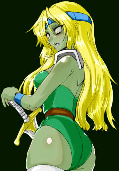 1990s_(style) 1girl 6rinne ass belt blonde_hair breasts celes_chere colored_skin female_focus final_fantasy final_fantasy_vi green_skin grey_eyes headband leotard long_hair monster_girl retro_artstyle shoulder_pads simple_background solo status_ailment sword weapon wristband zombie zombie_status