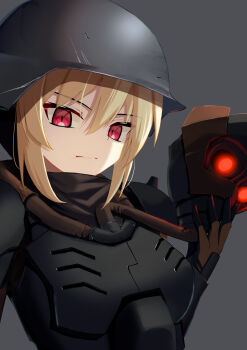 1girl armor blonde_hair brown_gloves combat_helmet expressionless gas_mask gloves grey_background helmet highres holding holding_mask jin-roh jin_roh jiseki_rena kerberos_saga mask military original power power_armor protect-gear_(jin_roh) red_eyes simple_background stahlhelm tube