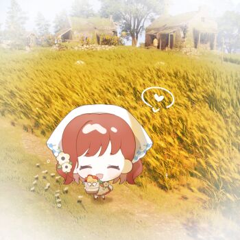 1girl ^_^ apron baonu_de_zhanshen_caibutou basket bird blue_sky blush_stickers brooch chibi chicken chinese_commentary closed_eyes commentary_request country_lolita day dress eyelashes floral_print flower flower_brooch game_screenshot_background grey_shirt hair_flower hair_ornament happy headscarf heart holding holding_basket house in-universe_location infinity_nikki jewelry kneehighs leaf lolita_fashion long_sleeves medium_hair nikki_(series) open_mouth outdoors path piecey pinafore_dress print_headwear puffy_long_sleeves puffy_sleeves red_dress red_flower red_hair red_shoes road screenshot_background shadow shirt shoes sky sleeveless sleeveless_dress smile socks solo speech_bubble spoken_heart standing stardew_valley stardew_valley_encounter_(infinity_nikki) straight-on tree vignetting wavy_hair wheat_field white_headscarf white_socks yellow_apron yellow_flower