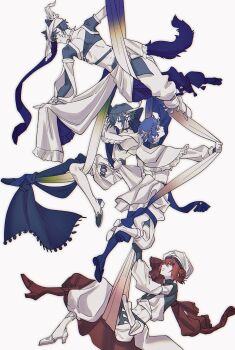 Rule 34 | 4boys, :d, animal ears, arabian clothes, astel leda, barefoot, belt, black belt, black hair, black leggings, black shirt, black shoes, blue hair, bracer, capelet, capri pants, closed mouth, collar, colored skin, commentary, crop top, dancer, detached sleeves, expressionless, feather hair ornament, feathers, flats, frilled capelet, frills, full body, hair between eyes, hair bun, hair ornament, hanasaki miyabi, hanging, head chain, headband, high heels, highres, holding, holding shawl, holostars, jackal boy, jackal ears, jackal tail, jewelry, kageyama shien, kanade izuru, leggings, long sleeves, looking at another, looking at viewer, male focus, midriff, momiage 40, multicolored hair, multiple boys, official alternate costume, open mouth, outstretched arm, outstretched leg, pants, profile, puffy long sleeves, puffy pants, puffy shorts, puffy sleeves, purple eyes, red capelet, red hair, red veil, sash, shawl, shirt, shoes, short hair, short sleeves, shorts, shrug (clothing), side slit, side slit shorts, sideways glance, simple background, single side bun, sleeve slit, smile, spiked collar, spikes, thighlet, turban, turtleneck, turtleneck shirt, two-tone hair, untranslatable commentary, veil, virtual youtuber, waist sash, white background, white capelet, white hair, white pants, white sash, white shawl, white shoes, white shorts, white skin, yellow eyes